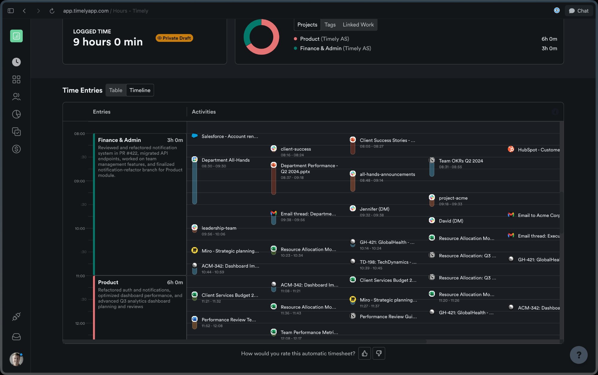 AutoSheet timeline view showing time entries alongside captured memories
